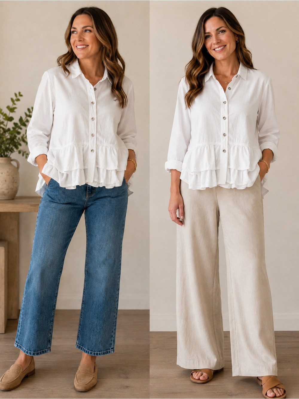 Eleven Stitch Design White Ruffle Peplum Button-Up Blouse